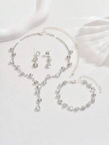 4pcs Luxury Elegant Hypoallergenic Rhinestone Necklace, Earrings, Bracelet, Ring Jewelry Set, Perfect For Elegant Bride, Party, Dinner, Date, Gathering, Matching Outfits - Silver - View 2