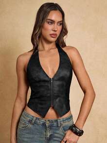 Top halter con cierre de cremallera frontal, estilo occidental, de cuero sintético con espalda descubierta y cordones, para mujer, de moda y sexy, para vacaciones de verano - Negro - Ver 3