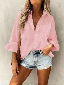 ZZLCasual Elegant And Modern Blouse With Button Collar And 3/4 Sleeves, Minimalist Top With Ruffled Cuffs And 3/4 Sleeves, White Spring Blouse For Women - 粉色 - 查看 3