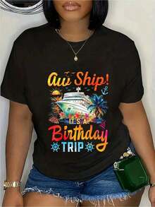 1 pieza, 100% algodón, camiseta de Aw Ship con diseño de viaje de cumpleaños, crucero de cumpleaños, vacaciones, ropa de invierno para mujer, atuendo de Año Nuevo para mujer, blusas navideñas para mujer, blusas lindas para mujer, 210g, 100% algodón, todos los diseños están impresos. Unisexo. - Negro - Ver 1