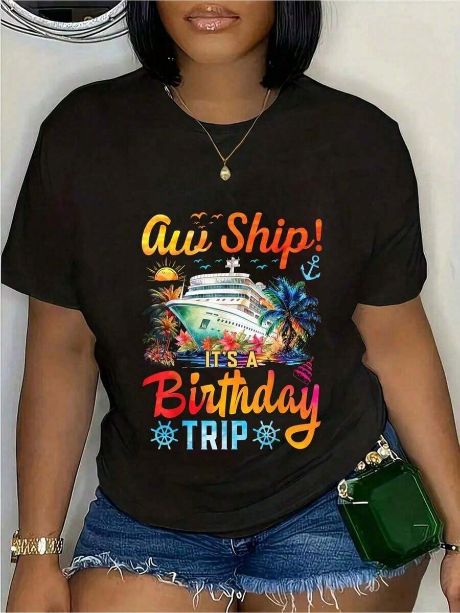 1 pieza, 100% algodón, camiseta de Aw Ship con diseño de viaje de cumpleaños, crucero de cumpleaños, vacaciones, ropa de invierno para mujer, atuendo de Año Nuevo para mujer, blusas navideñas para mujer, blusas lindas para mujer, 210g, 100% algodón, todos los diseños están impresos. Unisexo. - Negro - Ver 1