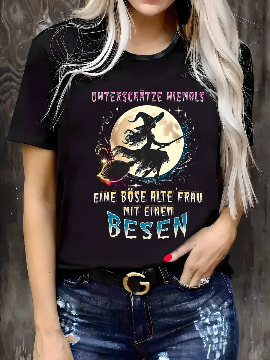 Camiseta de manga corta versátil con estampado de moda para uso diario de mujer - Negro - Ver 1