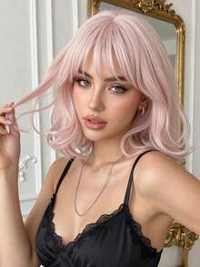 12-Inch Short Straight Wig, Pink Color With Layers And Bangs, Natural Straight Hair Texture, Retro Cosplay Style, Suitable For Multiple Occasions, Universal Size, Ideal For Halloween - 粉色 - 查看 1