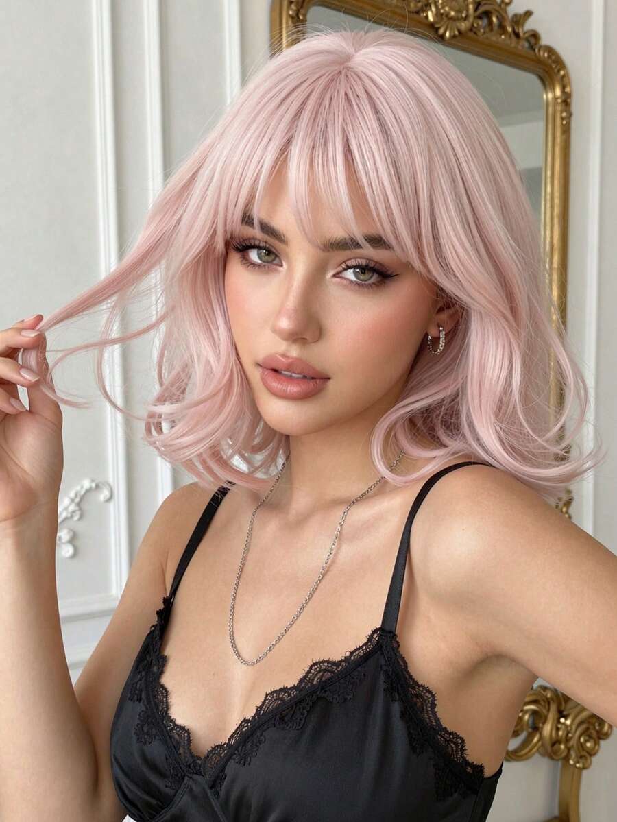 12-Inch Short Straight Wig, Pink Color With Layers And Bangs, Natural Straight Hair Texture, Retro Cosplay Style, Suitable For Multiple Occasions, Universal Size, Ideal For Halloween - 粉色 - 查看 1