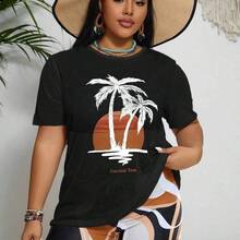 Swim Lushore Plus Size Women Summer Beach Wireless Tankini Set & Palm Tree Printed Short Sleeve Cover Up - Multicolor - Ver 7