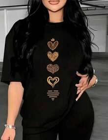 1 pcs"Playera Negra para Mujer con Estampado de Corazones Dorados – Casual, Moderna, Estilo Urbano y Romántico"180g 100% Cotton - Negro - Ver 2
