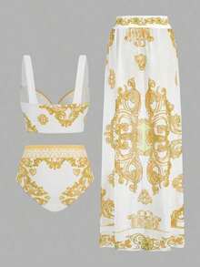 Swim Oasis Conjunto de bikini con estampado floral sexy para mujer con pareo y falda para el verano - Amarillo - Ver 2