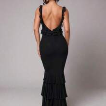 Premium Quality Romantic Spaghetti Strap Flounce Hem Long Dress, Elegant Women Solid Color Casual Vacation Wear For Spring/Summer, Holiday, Beach, Suitable For Valentine's Day Date Women Elegant Dresses Women Dress Woman Dress Women Dresses,Graduation - Negro - Ver 1