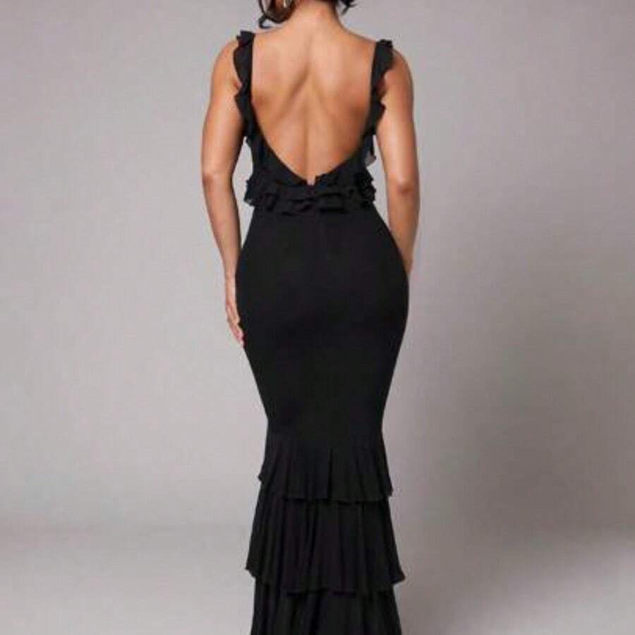 Premium Quality Romantic Spaghetti Strap Flounce Hem Long Dress, Elegant Women Solid Color Casual Vacation Wear For Spring/Summer, Holiday, Beach, Suitable For Valentine's Day Date Women Elegant Dresses Women Dress Woman Dress Women Dresses,Graduation - Negro - Ver 1