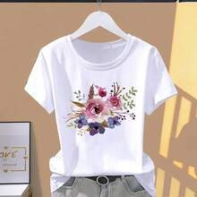 Camisetas de manga corta para mujer, estampadas con motivos florales, deportivas, de moda casual, de manga corta, 100% algodón, camisetas gráficas, ropa de mujer, camisetas de talla grande. - Blanco - Ver 2