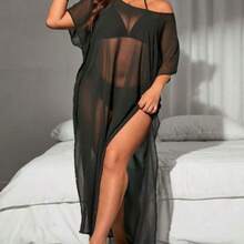 Slayr CURVE Plus Size All-Over Print Sheer Round Neck Short Sleeve Coverup Dress Summer - Negro - Ver 1