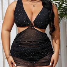 Swim  Summer Beach Plus Size Polka Dot Printed Tankini Set With Circular Detail, Separated Swimsuit, Bathing Suit Beach Outfit Vacay Vibe - Negro - Ver 6