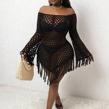 Plus Size Off-Shoulder Fringe Knitted Cover-Up For Summer Beach Vacation - Blanco - Ver 3