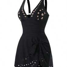 Swim Lushore Mature Solid Color Cutout Skirt One-Piece Swimsuit - Negro - Ver 7