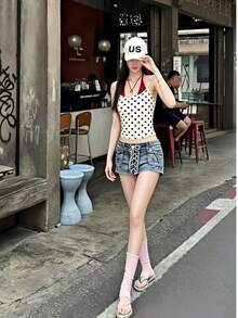 Áo hai dây chấm bi trắng 2 trong 1, áo croptop không tay hở lưng cho mùa hè - trắng - Xem 4