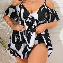 Swim Lushoire Summer Beach Plus Size Women's Printed Cold-Shoulder Swimwear - Blanco y Negro - Ver 1