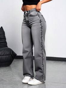 Jeans rectos de talle alto con bolsillos, ajustados y desgastados para mujer - 2034 - Ver 9