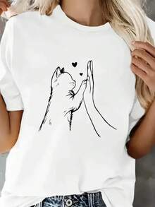 Camisetas de manga corta para mujer, cómodas y encantadoras, con estampado de pata de gato y corazón, camiseta de manga corta 100% algodón, camiseta para mujer, ropa, top, tee. - Blanco - Ver 2