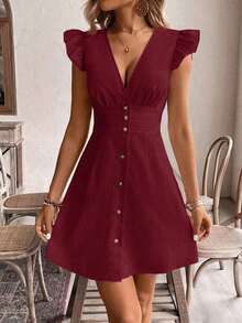 Vestido casual de vacaciones para mujer con mangas de volantes y botones delanteros de unicolor, vestidos de verano para mujer, vestido de té de vacaciones - Burdeos - Ver 5