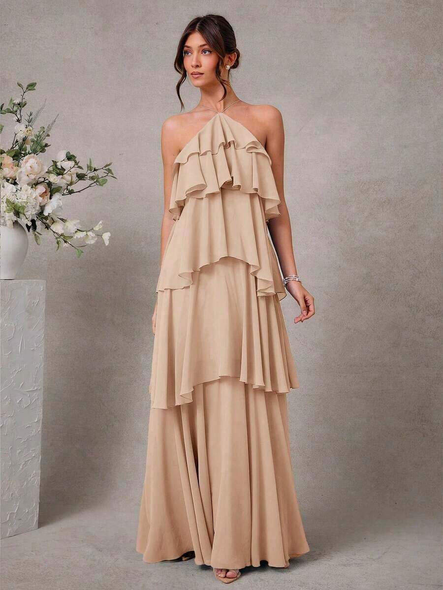 Vestido maxi elegante y romántico para invitada de boda, de gasa con cuello halter y volantes, en un solo color - Caqui - Ver 1
