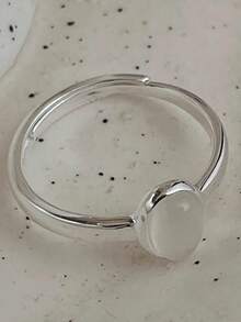 1pc Moonstone Ring, Minimalist Retro Chic Fashion Accessory, Personalized Niche Design Adjustable Open Ring For Index Finger - Silver - View 4