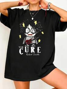 Y2K T-Shirt, The Cure Robert Smith Official Band Graphic T-Shirt - Vintage T-Shirt With Robert Smith's Face & The Cure Lettering. Vintage Graphic Print. Casual Black Cotton Short-Sleeved T-Shirt. - 黑色 - 查看 1
