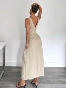 Nuevo vestido largo de verano con corte en la cintura y diseño fruncido, estilizador - Albaricoque - Ver 2