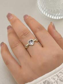 1pc Fashionable Heart Zirconia Open Ring, Sweet Luxury Gold Stackable Rings For Women, Y2K Style Pink & White Heart Zirconia Adjustable Gold Open Ring, Versatile Daily Wear, Multiple Styles Of Heart Drip Oil Rhinestone Rings, Gift For Girlfriend, Jewelry - Multicolor - View 3