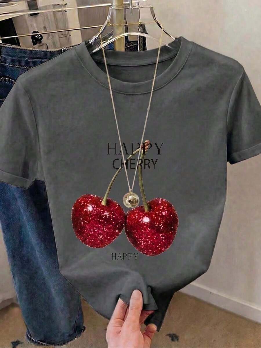 Camiseta Casual de Manga Corta con Cuello Redondo para Mujer, con Estampado de Cerezas Alegres, Corte Regular, Top de Poliéster para Estilo Diario - Transpirable y de Alta Calidad