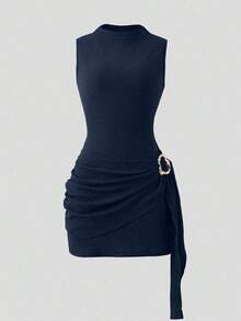 Nuevo vestido elegante y sexy de primavera/verano para citas, de cuello alto, con hebilla metálica, fruncido y sin mangas, de silueta ajustada para mujer - Azul marino - Ver 1