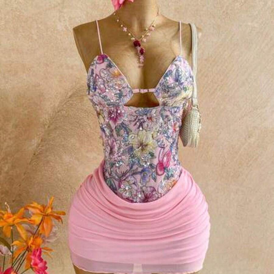 WYWH Women's Vacation Floral Sequin Ruched Bodycon Cami Mini Dress,Pink Dress - Rosa - Ver 1