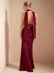 Vestido de punto de tirantas con escote profundo, espalda con lazo y cola de pez, color rojo sólido, sexy y elegante, adecuado para cócteles, citas románticas, capas en otoño/invierno, fiestas, bodas de damas de honor, salidas nocturnas, Halloween y Navidad - Burdeos - Ver 8