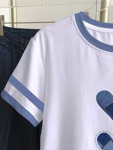 Camiseta casual de mujer de manga corta con cuello redondo y estampado de corazón en bloques de color - Blanco 13 - Ver 4