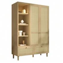 Wardrobe With 2 Doors And Rattan Weave, Country Style Oak Look, Open Shelf, Shelves, Clothes Rail, 2 Drawers, Anti-Tip Device, 180x120x50 Cm (H/W/D) - Oak - 查看 5