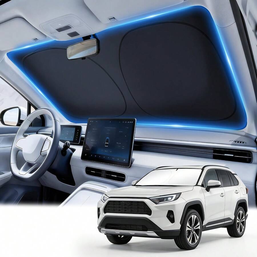 Car Sun Shade Windshield - Foldable Sun Car Window Shield 300T Coated Silver Cloth Reflective Polyester Material Blocks 99% UV Rays, Fits Most Windshields - 1PCS - View 1