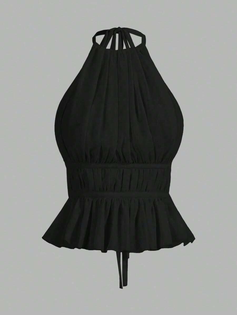 Top de tirantes sin espalda con cuello de halter y cintura anudada plisada para mujer - Negro - Ver 1