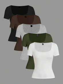 Set de 3 camisetas de punto para mujer, multicolor, camisetas básicas de primavera/verano para mujer, tops ajustados básicos, paquete de tops básicos, tops básicos para mujer, tops de ajuste ceñido, tops básicos, tops de mujer de cuello cuadrado, tops de verano para mujer, tops de manga corta para mujer, tops de verano para mujer, camisetas de mujer - Multicolor 7 - Ver 12