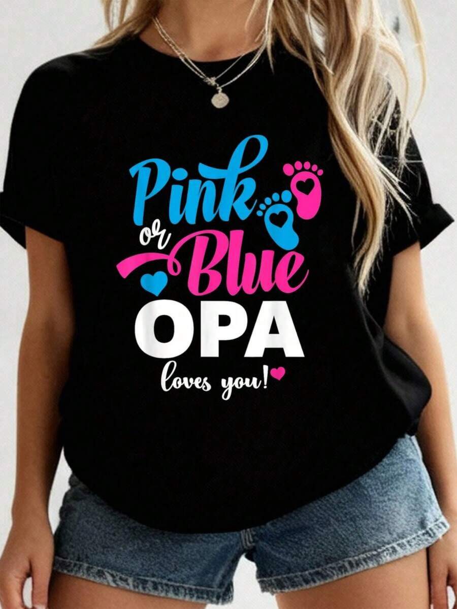 Camiseta de anuncio de género rosa o azul Opa te para revelación de género del bebé 2026 Nueva camiseta impresa para mujeres, camiseta de otoño para mujeres, camiseta de invierno, camiseta de para mujeres DON7 - Negro - Ver 1
