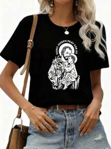 Camiseta de Mujer% Algodón, Camiseta Negra con Estampado de San José y el Niño Jesús, San José Rómpenos por Nosotros para Mujer, Ligera, Transpirable, Éxito de  de Verano - Negro - Ver 2
