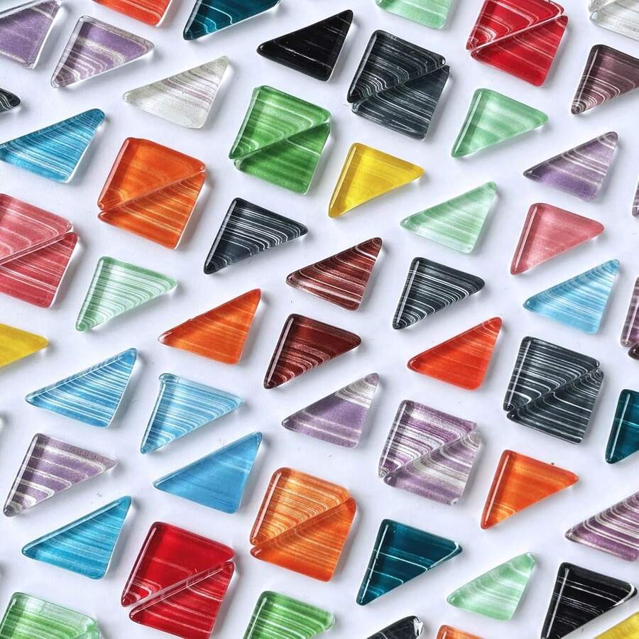 180g Streaked Triangular Glass Mosaic Tiles In Mixed Colors, Smooth-Edged, Ideal For DIY Crafts Like Coasters And Frames. Translucent Texture, For Hobbyists, Cost-Effective Bulk Pack. - A - View 1