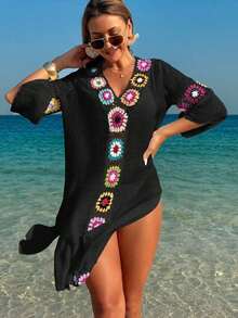 Swim Lushoire Vestido/Cubrecuerpo casual y holgado con estampado floral de ganchillo y cuello en V, manga 3/4, abertura lateral, color aleatorio, para mujer - Negro - Ver 6
