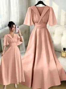 asual, elegante y de vacaciones para mujer con diseño de cuello, cintura plisada, parche de gasa y mangas con volantes - Rosa vieja - Ver 7