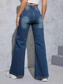 Women's High-Waisted Wide Leg Printed Jeans, Classic Wash, Non-Stretch Fabric, Elegant And Modern Style - 深色水洗藍 - 查看 3