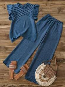 Blusa casual de mujer con decoración de volantes y mangas de campana asimétricas, Pantalones rectos casuales de mujer con cintura elástica, bolsillos laterales y pierna corta, color azul - Azul - Ver 8