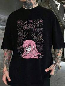 Playera informal de verano para hombre con estampado de personajes de anime rosa, cuello redondo, manga corta, 100 % algodón, 220 g de algodón grueso - Blanco - Ver 6