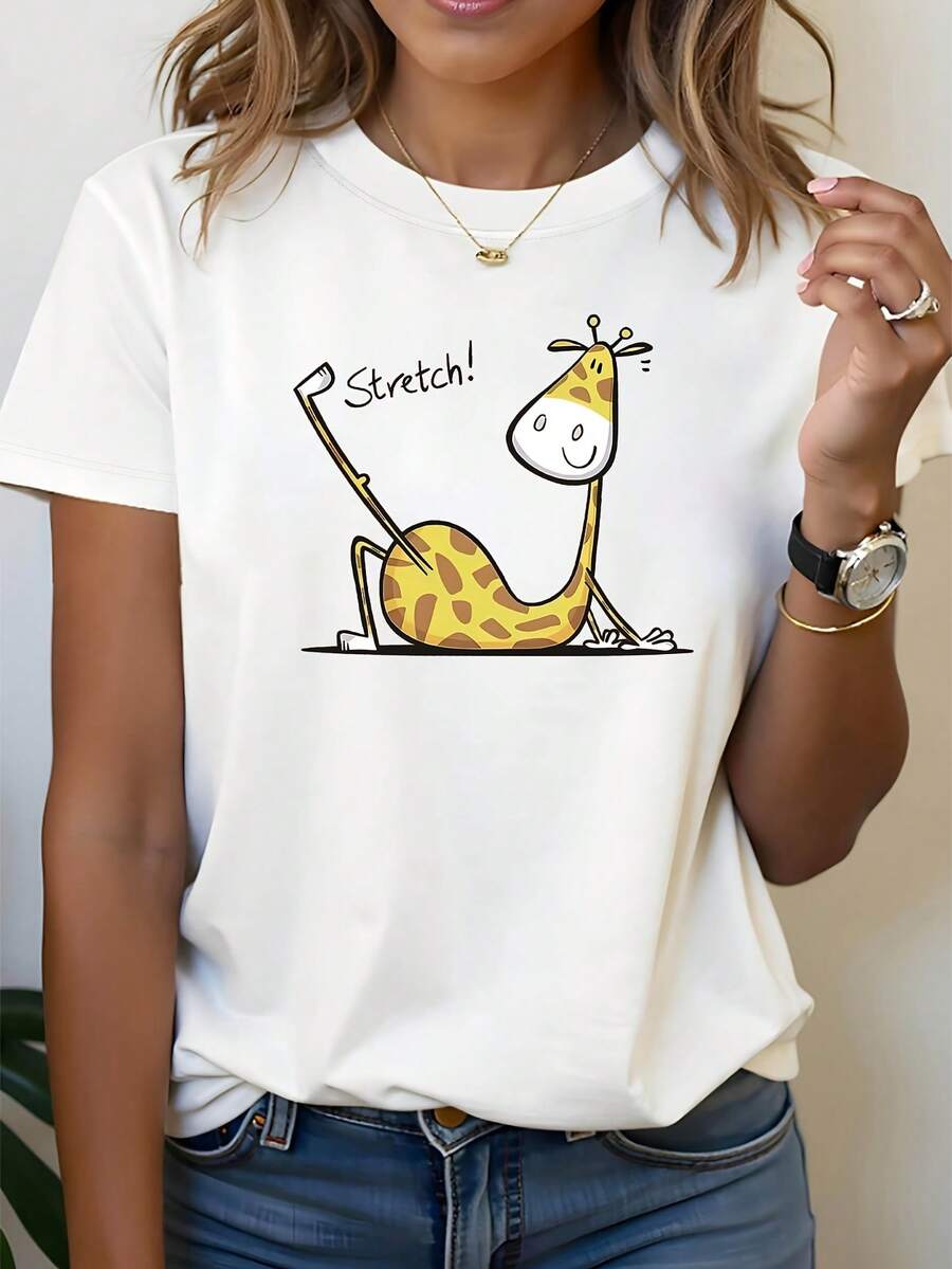 Tallas Grandes - Tallas Grandes - Momentos Vibrantes, ¡Jirafa 'Estira!'Camiseta de Mujer de Talla Grande con Estampado, Estilo Casual y Elegante, Cuello Redondo, para Primavera y Verano - Blanco - Ver 1