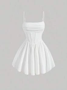 Elegante vestido de tirantes con fruncido en la cintura de color liso - Blanco 3 - Ver 5