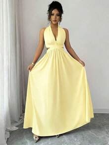Elegante vestido sin mangas con cuello en V, diseño hueco en la cintura y pliegues, color morado, nueva llegada de primavera/verano - Amarillo - Ver 5