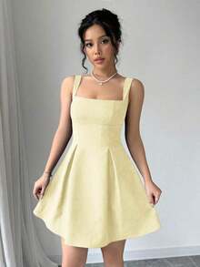 Vestido de vacaciones corto, unicolor, con cintura baja y estilo casual de verano para mujer - Albaricoque - Ver 3