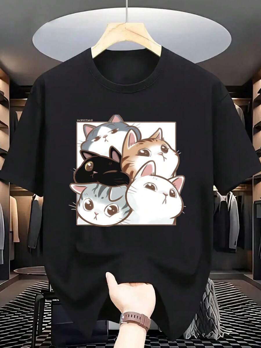 Camiseta de manga corta con gatos de dibujos animados, escena cálida, que muestra la belleza de los gatos, para salidas diarias, reuniones de amantes de los gatos, ideal para amantes de los gatos - Negro - Ver 1